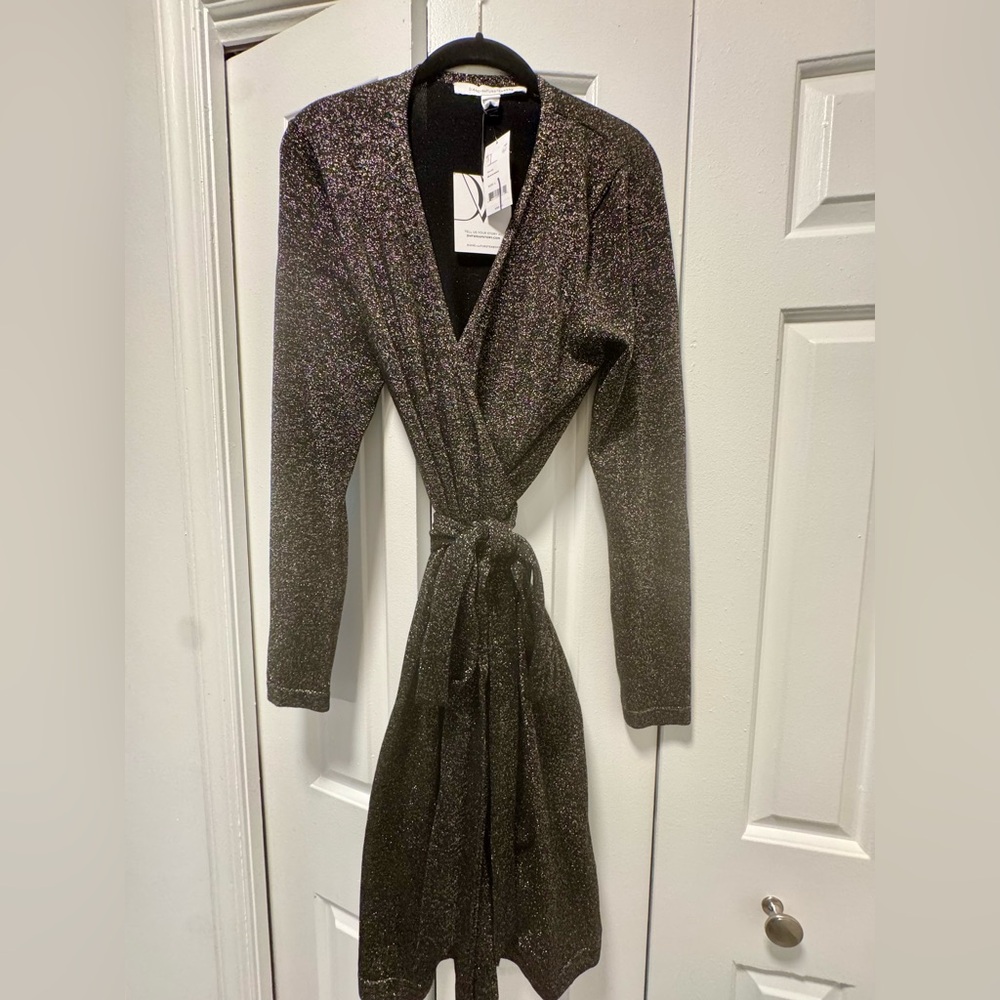 Diane Von Furstenberg (DVF) Black Sparkle Wrap Long Sleeve Dress